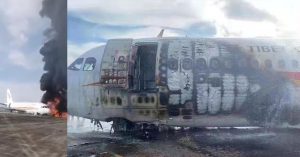 Tibet Airlines plane overruns runway, catches fire