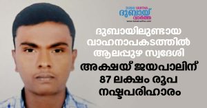 Akshay Jayapal, a native of Alappuzha, has been awarded a compensation of Rs 87 lakh in a car accident in Dubai