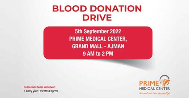Prime Medical Center Grand Mall Ajman is conducting a blood donation camp tomorrow