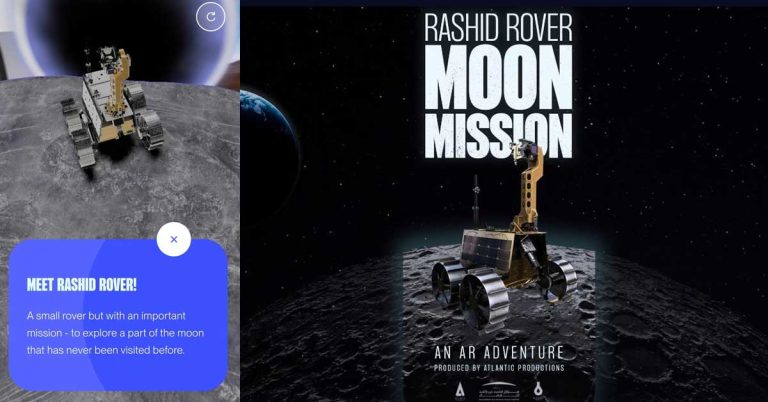 The UAE's Rashid rover can be seen traveling on the moon through augmented reality on the phone