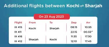 Air India Express with additional flight services on Sharjah - Kochi sector on August 23 on the occasion of Onam