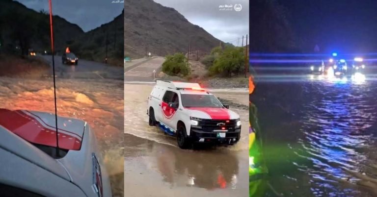 Dubai Police rescued two people from vehicles washed away by floods in Hatta