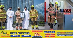 Dubai Civil Defense sets Guinness World Record for fastest climb of 159 floors of Burj Khalifa.