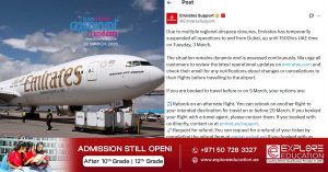 Emirates will suspend flights to and from Dubai until 3 PM tomorrow, Tuesday, March 3.